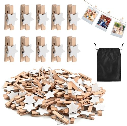 100 mini stjärnklämmor i trä, vita 3,5 cm, små stjärnformade klädnypor och svart dragskoväska, dekorativa klädklämmor i trä för bröllop, kort, hantverksprojekt, foton
