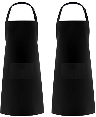 Syntus 2 Pack Adjustable Bib Apron Waterdrop Resistant with 2 Pockets Cooking Kitchen Aprons for Women Men Chef, Black
