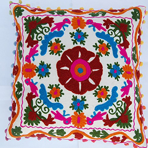 Traditional Jaipur Suzani - Funda de cojín bordada de 16 x 16 pulgadas, funda de almohada decorativa, cojines indios con pompones para exteriores, fundas de almohada bohemias