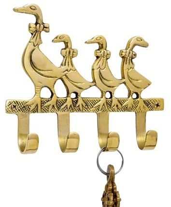 Indian Shelf Solid Brass Vintage Mother Baby Geese Key Holder - Decorative Duck Coat Rack Wall Mounted - Unique Gold Wall Hooks for Heavy Duty Accessories