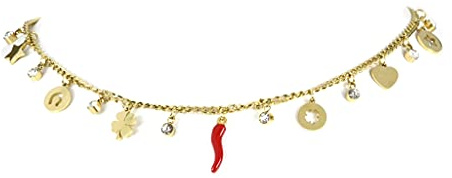Flowers Collana in Acciaio color Oro o Argento Portafortuna con Ciondolo Corno Rosso, Stelline Cuore e zirconcini Punti luce (Dorato)