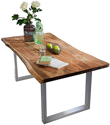 SAM Esstisch Quarto 120x80 cm Akazie nussbaum/U-Gestell Silber | massiv, Echte Baumkante, Akazienholz nussbaumfarben, Tischplatte 26 mm, Industrial-Design, Baumkantentisch, Esszimmertisch