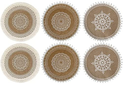 Sits 6er Set Gewebte Tischsets Waschbar Rund 38cm Boho Baumwolle Platzsets Untersetzer Hitzebeständig und rutschfest für Küche Party Hochzeit (B)