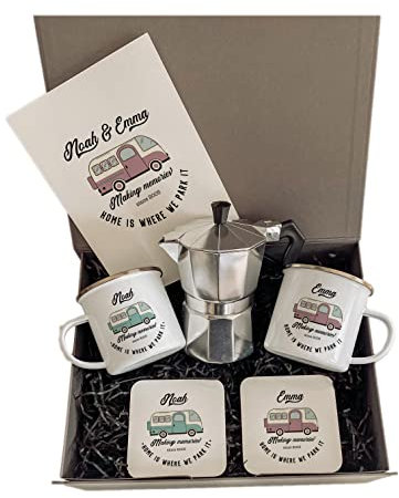 Pomchick - Personalised Campervan Enamel Camp Mug Set with Coffee Maker Coaster Card | Personalised Motorhome Gifts | His Hers Accessories Camping | Retro Caravan | Gift for Her Him