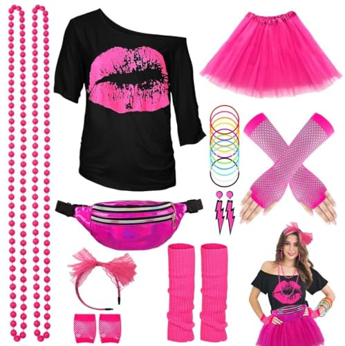 80er Jahre Outfit Damen Set, T-Shirt, Tutu, Gürteltasche, Stirnband, Ohrring, Halskette, Netzhandschuhe, 80er Jahre Kleidung Kostüm Neon Accessoires Thema Party Karneval Clothes-80SMouth-Pink-2XL