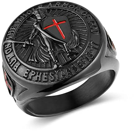 HZMAN Anillo de acero inoxidable para hombre con diseño de cruz roja de Efesios 6:13-17 con caballeros templarios poniendo toda la armadura de Dios, 14, Metal, Sin piedras preciosas