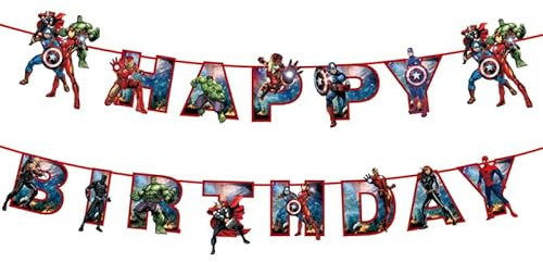 Superhero Party Banner Super Hero Captain America Iron Man Hulk Batman Spider Happy Birthday Banner Marvel Bunting for Boys Kids Superhero Birthday Party Decorations