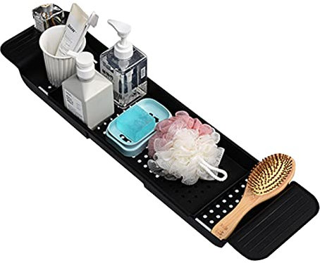 Pomurom Extendable Bath Tub Rack, Bathtub Caddy Tray over Bath, Adjustable Bath Tray Pla-stic, Bath Board for Candle Wine Glass Book Phone Tablet Holder, Bathroom Accessory Trays