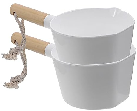 BESTonZON 2pcs Plastic Water Ladles with Wooden Long Handles, Large Capacity Kitchen Water Dipper Scoops with Hanging Rope for Sauna and Garden Use