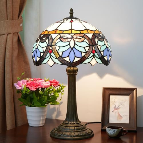 AIBOTY Lampe De Table De Nuit en Vitrail Tiffany Baroque, Abat-Jour en Verre Fabriqués À La Main, Métal De Lecture Table De Chevet Bureau Lumière pour Chambre À Coucher Salon D'étude,Violet