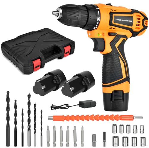 Taladro atornillador inalámbrico, taladro eléctrico de 12 V, ajuste de par 25+1, 2 velocidades, con batería de 2 * 1,5 Ah, juego de accesorios de bricolaje, adecuado para madera, metal, hormigón