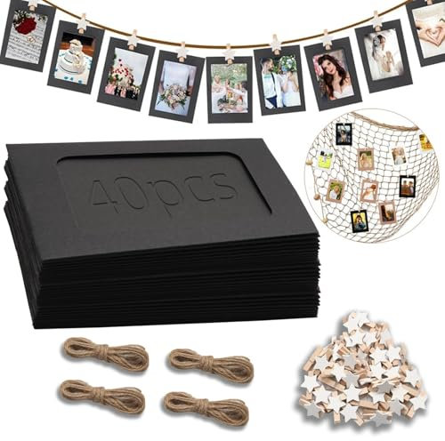 Ziamzra 40 Stück Schwarz Fotogirlande 10x15 cm Fotos Aufhängen DIY Kraftpapier Bilderrahmen 40 Stück Kleine Klammern für Fotos Aufhängen 4 Stück Fotoleine für Hochzeit Geburtstag Party Wand Deko