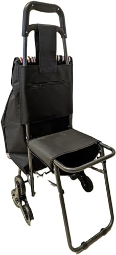 Heavy Duty 6 Wheel Shopping Trolley with Fold Down Seat, Stair Climbing Wheels, Waterproof Canvas Bag 30L, Foldable Design, Ergonomic Handle, Lightweight 2.5kg Grocery Cart