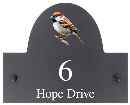 Personalisierbares Schild mit Spatzen-Vogelmotiv, Naturstein, Schiefer, Hausname oder Hausnummer, 25 x 20 cm, hochwertiger glatter Steinschiefer
