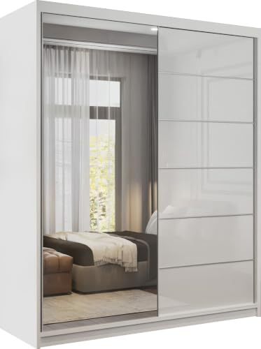FURNITUREWAVE Pride High Gloss Sliding Doors Wardrobe Modern Bedroom Space Saving Cupboard with Multiple Shelves, Hanging Rails available in 3 Sizes and 4 Colors (White, 150cm)