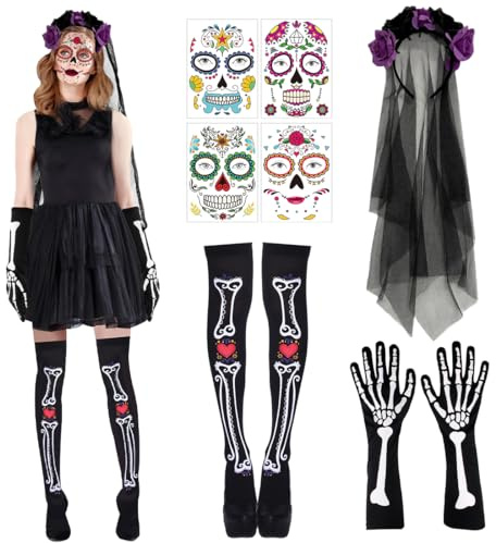 Tag der Toten Haarreif, Dia de los Muertos Haarreif Schleier, Mexikanische Stirnband Kopfschmuck Rosen, Gesichtstattoo Skelett Strumpfhose, Tag der Toten Kostüm Accessoires Halloween Karneval Cosplay