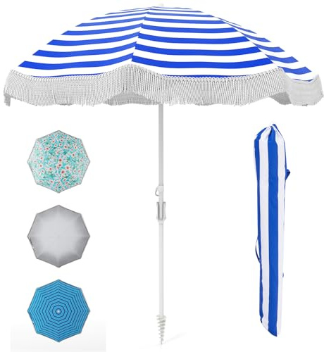 COSTWAY 6FT/6.5FT Beach Parasols with Fringe, UPF50+ Sun Protection Sunshade Shelter with Push Button Tilt, Outdoor Waterproof Tassel Umbrella for Garden Lawn Poolside (Navy Blue, 6.5ft)