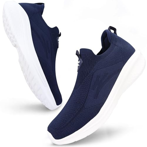 Giniros Mens Slip On Trainers Casual Nordic Walking Shoes Breathable Running Walking Sneakers Lightweight Tennis Shoes Soft Comforble Mesh Gym Workout Sneakers, Dark Blue UK 6