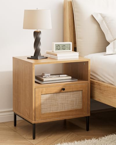 Apetaccat Rattan Nachttisch, Holz Nachttisch Eiche, Boho Nachtschrank mit Schublade und offenem Regal,47x39x54cm,für Schlafzimmer,Wohnzimmer