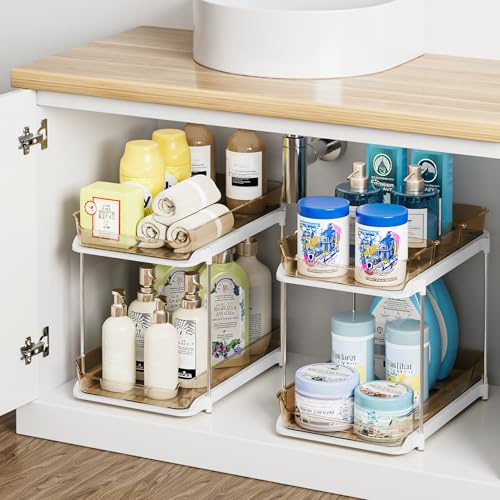 Delamu Under Sink Organizer, Küchen Spülschrank organizer, Bernstein | 2 Stück, 2 Etagen Badezimmer Organizer, Multifunktional für Küche & Badezimmer, Acryl,Schrank Organizer Ausziehbar