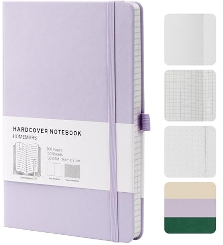 HOMEMARS Notizbuch, Notebook, 21cm*14.5cm, Notizbuch A5 Kariert, Journal buch, Reisetagebuch, Kariert Papier,Notizblock, Notizbücher a5, 100GSM, 200 Seiten, Lila,Leder Hardcover