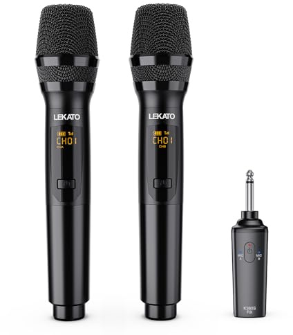 LEKATO Wireless Microphones, Professional Dual Microphones for Karaoke, Wedding, Metal Rechargeable Wireless Dynamic Microphone System Set with Receiver, 1/4” Output,Plug and Play Cordless Mics