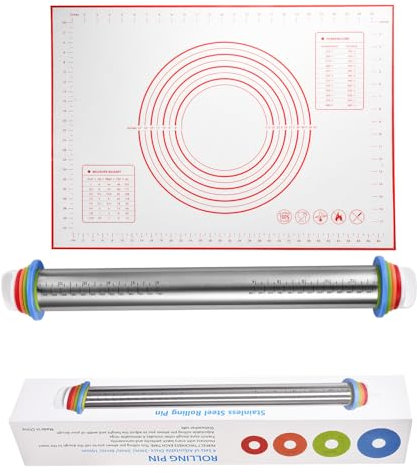 Mattarello a spessore regolabile con 4 anelli in acciaio inox, rullo antiaderente per impastare pizza, biscotti, pasta e fondente, accessori da cucina (acciaio inossidabile)