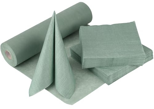 100%Mosel Tischdeko-Set Eukalyptus Grün – 20-40 Gäste – Tischband & Servietten für Taufe, Kommunion, Konfirmation, Hochzeit & Geburtstag – Praktisches Dekoset für besondere Anlässe