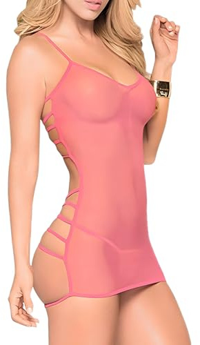 MIZSPISE Sexy Damen Kleid Transparent Babydoll Dessous Set (Rosa, Einheitsgröße)