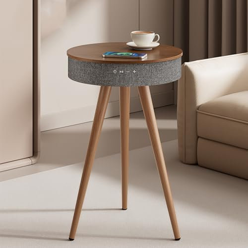 THYXGS Sidobord med Bluetooth 5.3-högtalare, smart soffbord med Hi-Fi-högtalare, vattentät träskiva, trådlös/USB-laddning, AUX-anslutning, som dekorativ present
