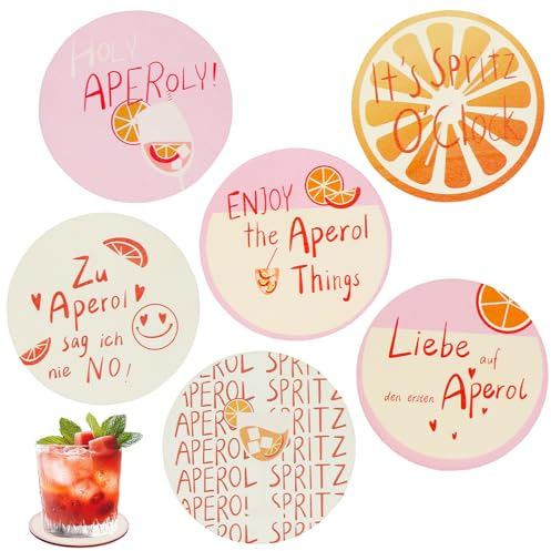 6 Stück Aperol Untersetzer, Aperol Spritz Geschenk Set Filzuntersetzer Rund für Aperolliebhaber Tischdeko Sommer Mottoparty Karneval Fasching Weihnachten (Orange, 10 x 10 cm)