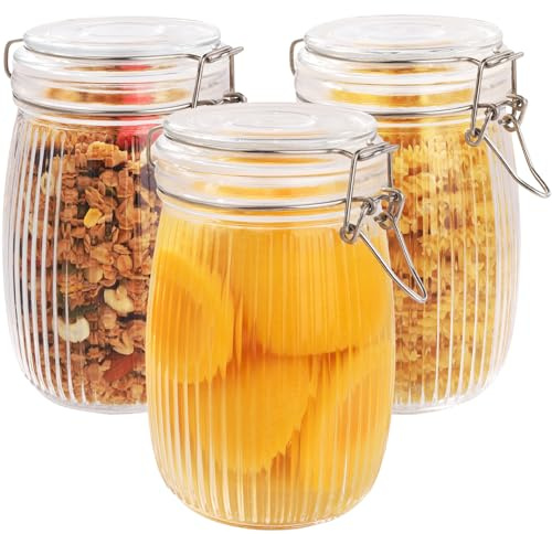 FoiiLiio Pack de 3 Tarros de Cristal Herméticos 1000ml,Frascos de Vidrio con Tapa de Clip,Tarros Cristal Conservas de Clip,para mermelada casera,Conservas,Cereales,Legumbres,Café