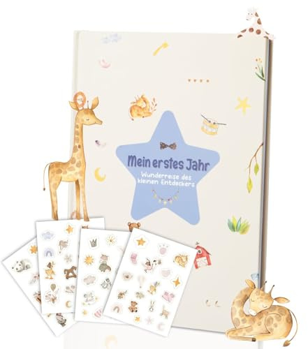 Mein erstes Jahr Babytagebuch – Babyalbum mit Giraffen-Design, 28,5x21cm Erinnerungsbuch für Mädchen & Jungen | Geschenk zur Geburt & Babyparty