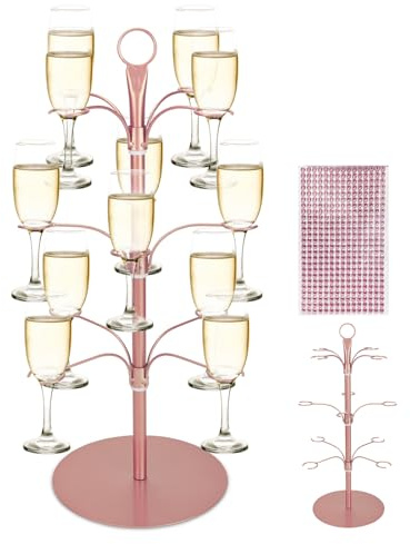 Loxiia Cocktail Stand, Wine Glass Tasting Stand for Drinks 3 Tier with 12 Holders for Champagne, Cocktails, Wine Glass Stand for Weddings, Bridal Showers, Bar Parties & Events (Rose Gold)