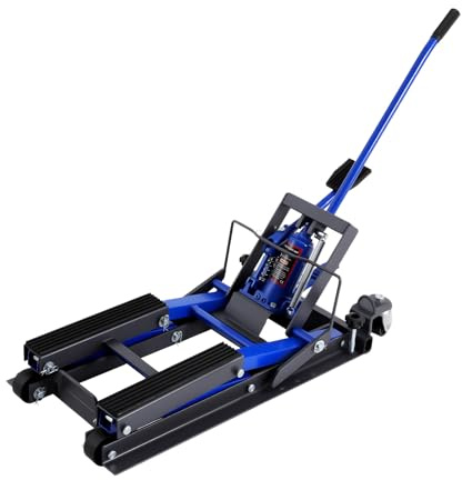 Fyssnn Pont élévateur hydraulique pour moto 1500 LBS - Portable - Hauteur réglable - 4,7-15,2 pouces - Pont élévateur mobile avec 4 roulettes pour réparation de moto, bleu