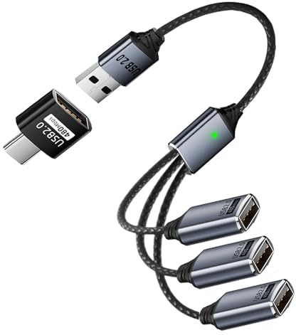USB Splitter 1 zu 3, mit USB C Adapter, USB Splitter 1 Stecker auf 3 Buchse | Mini HUB, Aten und Ladegerät, kompatibel mit PC, Macbook, Laptop, Flash Laufwerk, Tastatur, PS4, PS5
