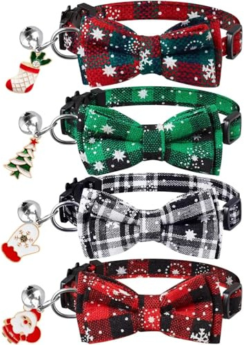 Weihnachts-Katzenhalsband Weihnachten Katzenhalsband mit Glocke, 4 Stück Verstellbare Katzenhalsbänder mit Fliege, Kariertes Katzen Halsbänder, Weihnachtshalsband für Welpen und Kätzchen