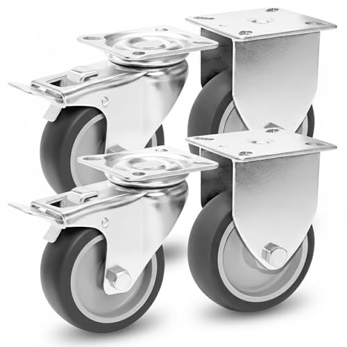 PRIOstahl Transportrollen 75mm Grau | Set 4 Möbelrollen | 2 Lenkrollen mit Bremse + 2 Bockrollen | Leise & spurlos | Robuste Apparaterollen für Möbel, Werkstatt, Industrie, Garage, Schrank & Regal