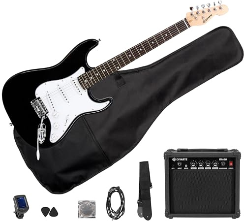 Divarte Set E-Gitarre ST 4/4 Black + Verstärker GA-20 20 W, Tasche, Gurt, Stimmgerät, Plektren, Kabel, Saiten – Anfänger-Set für Erwachsene und Jugendliche, Rock, Pop, Blues