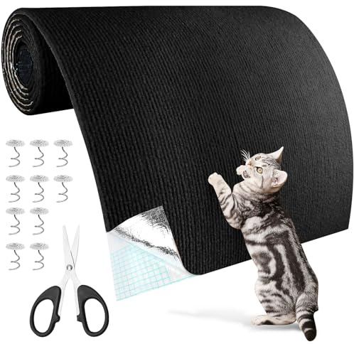 Kratzschutz Katzen Kratzmatte 200x40cm Kratzteppich Selbstklebend Katze | Wand Selbstklebende Kratzwand für Kratztapete Sofa Eck Katzenständer Holzgriff Möbel Trimmbare DIY(Schwarz 200x40cm)