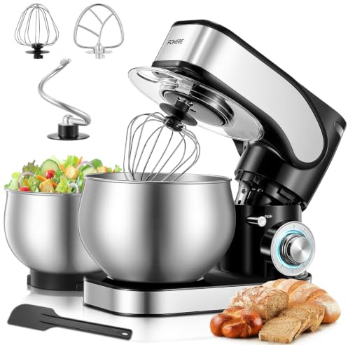 Küchenmaschine mit 5L + 3L Edelstahlschüsseln Dual-Schalen, Knetmaschine Mit Aufgewerteter Knethaken, 1300W Leistungsstarke Teigmaschine, 6+P Geschwindigkeiten, Knethaken, Rührbesen und Schneebesen