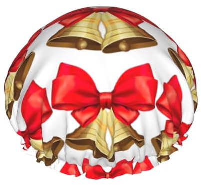 1 gorro de baño reutilizable con estampado de campanas de Navidad, cubierta de pelo de doble capa para cabello largo y grueso, casco de 10.6 pulgadas