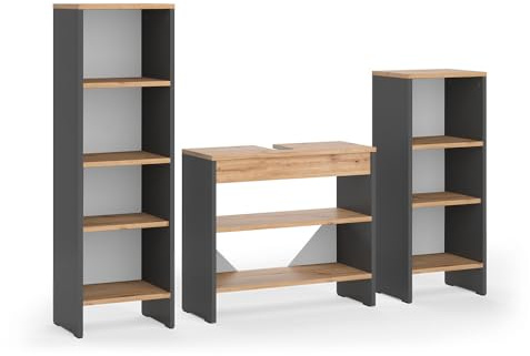 Vicco Conjunto de Muebles de baño Karli, Antracita/Roble Dorado, 3 Partes, Compuesto de un Mueble bajo Lavabo y 2 armarios Midi