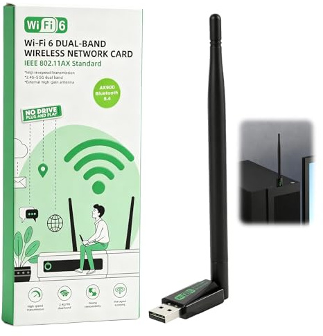 Adaptador USB WiFi 6 AX900, WiFi 6 Dongle AX900 Inalámbrico para PC, Receptor Doble Banda 2.4GHz y 5GHz con Antena Externa 5dBi, Dongle de Red para Ordenador, Compatible con Windows 11 y 10, Streaming