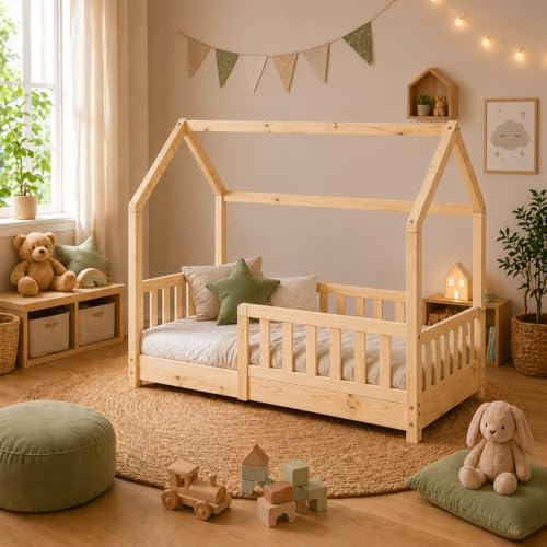 Easy Act Kinderbett Haus 70x140 cm Natur aus Massivholz – Bodenbett mit Rausfallschutz & Lattenrost – Hausbett Kinder Holz Bettgestell für Mädchen & Jungen ab 3 Jahre