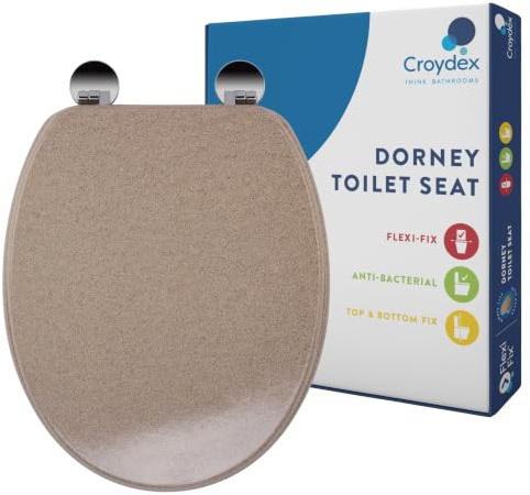 Croydex Sandstone Effect Wooden Toilet Seat, Flexi-Fix Hinges (Dorney) | Adjustable Hinges | Top and Bottom Fixings Included | Antibacterial Treated Surface | Durable Moulded Wood