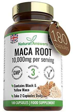 180 Maca Root Capsules - (3 Months Supply) Vegan 10,000mg Maca Capsules - High Strength Peruvian Black & Yellow Maca Root - Made in The UK