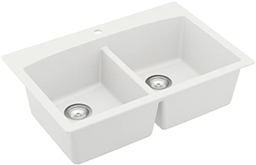 Karran QT-710 33 Inch Top Mount Double Bowl Kitchen Sink, 50/50 Low Divide Quartz Composite Drop-In Sink, Rear Drain, Heat and Scratch Resistant, White