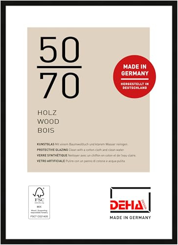 DEHA Design Holz Bilderrahmen Fontana, 50 x 70 cm, Schwarz | Holz Posterrahmen im Hoch- & Querformat zum Aufhängen Schwarz matt bruchsicheres Kunstglas