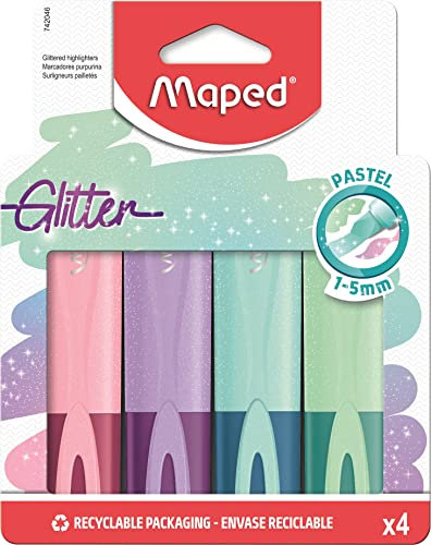 Maped - Surligneurs Paillettes x 4 - Pointe Biseautée 1 à 5mm - Lot de 4 Couleurs Pastel - Emballage Carton 100% Recyclable